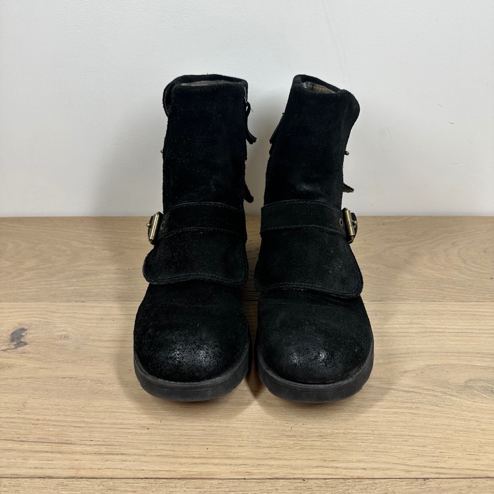 Nine West Boots Womens 9.5 Black Suede Ankle Biker Moto Buckle Lug Sole - Picture 3 of 11